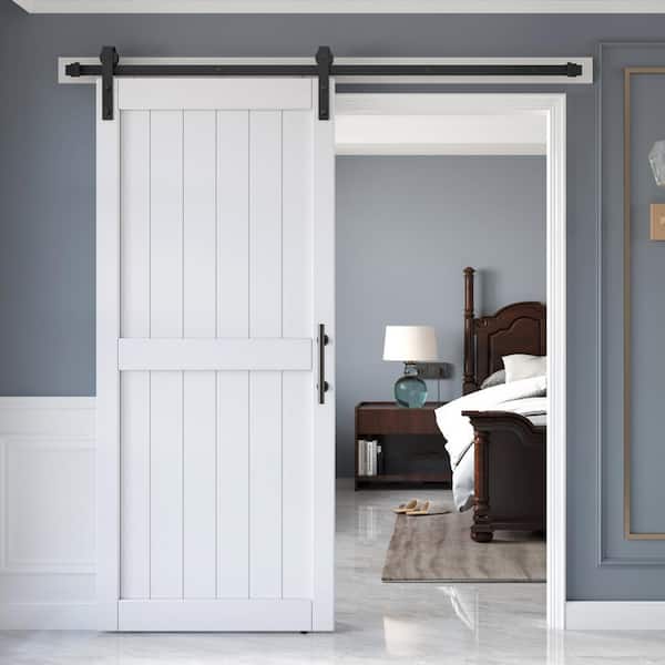 easelife 36 in. x 84 in. White Paneled H Shape Solid MDF Sliding Barn Door with Hardware Kit