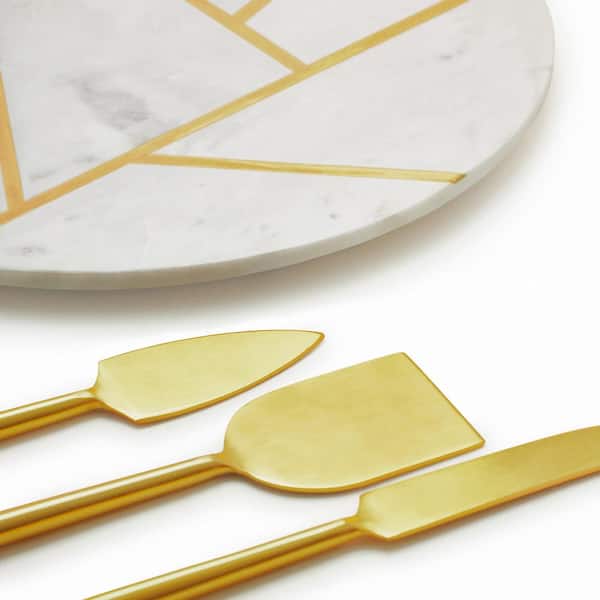 GAURI KOHLI 12 in. Vista White with Gold Knives Marble Cheese