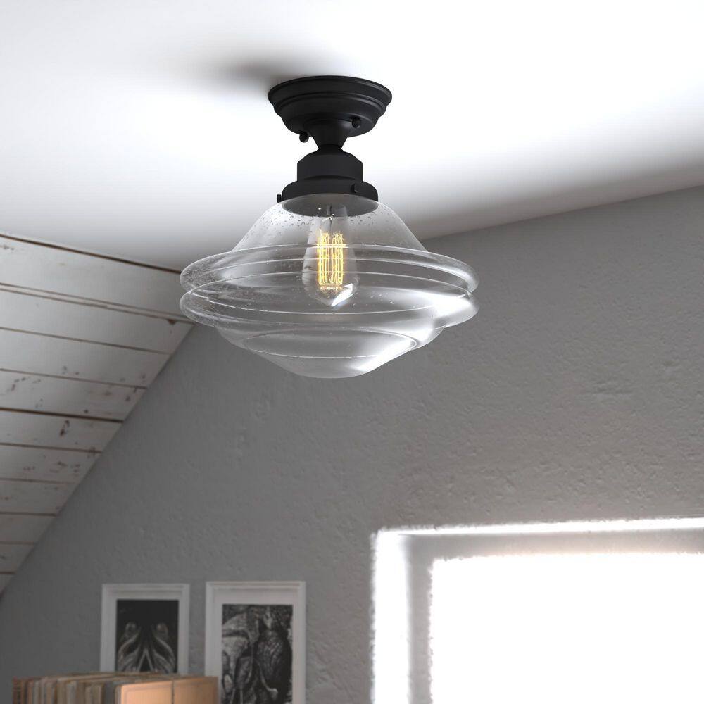 Huntley Farmhouse Bronze Semi-Flush Mount with Seeded Glass