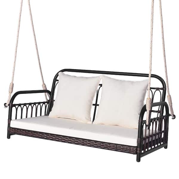 Gymax Mix Brown Steel Wicker Porch Swing 2-Person Outdoor Patio Hanging Chair with Off White Cushions