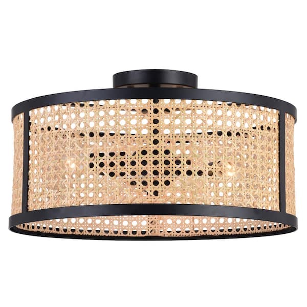 VAXCEL Berens 15.5 in. W Matte Black Modern Farmhouse Drum Semi Flush Mount Ceiling Light with Rattan Cane Shade