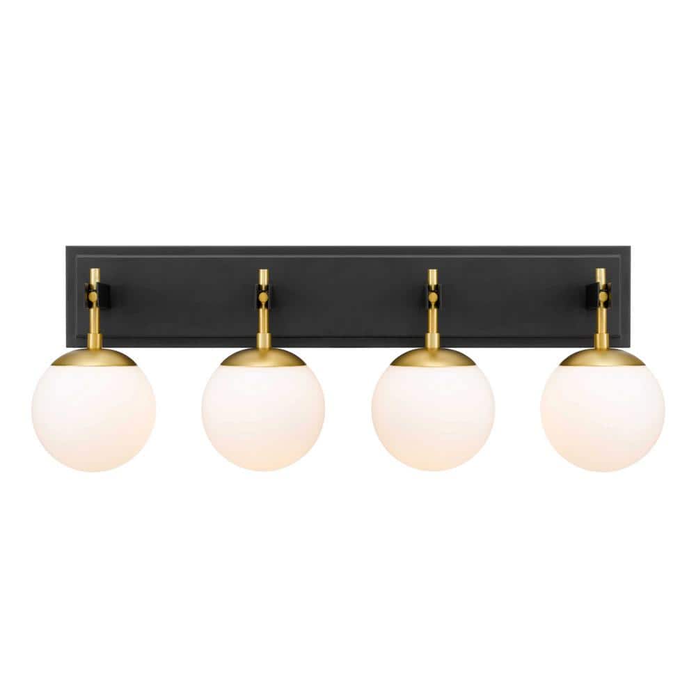 Black and Brass 4-Light Vanity Light with White Glass Orbs