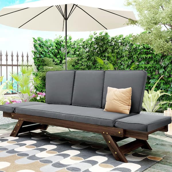 Wood Outdoor Day Bed with Gray Cushions