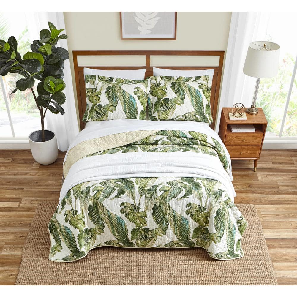 Twin White Cotton Reversible Quilt Set with Green Palm Design