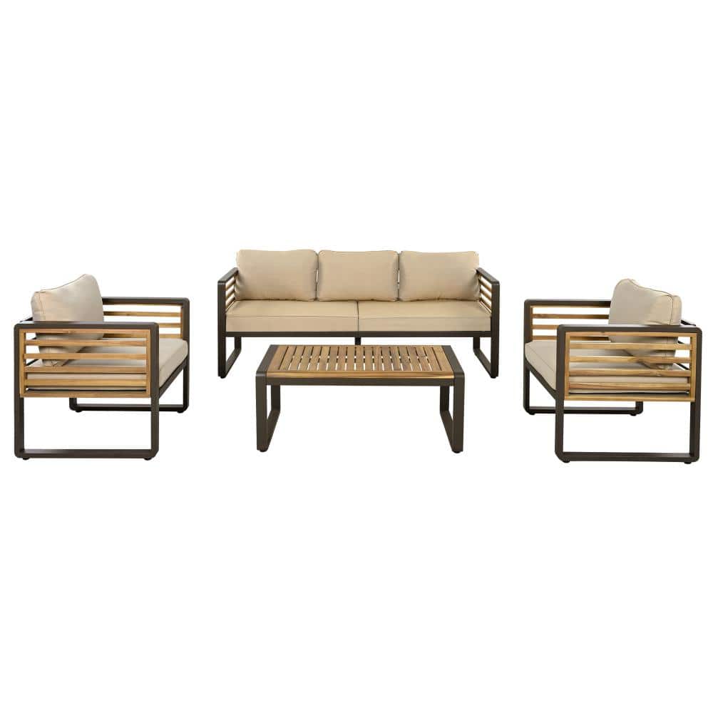 4-piece Outdoor Furniture Sofa for 5 Person Conversation Set with Brown Removable Cushion, Metal and Wood Frame Sofa Set price history on PriceWatchPro