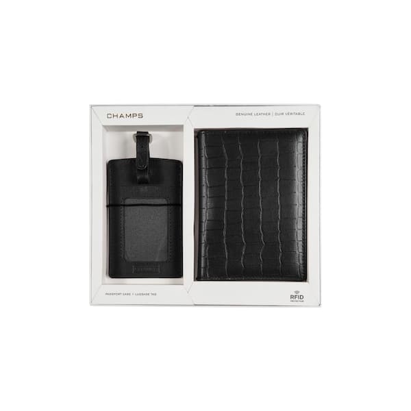 CHAMPS Croco Emboss Black Luggage Tag and Passport Holder