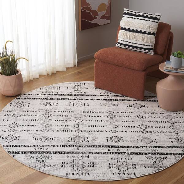 Temple 7 ft. x 7 ft. Ivory/Gray Black Tribal TPL106A Round Rug