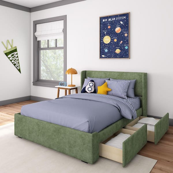 Green Full Upholstered Bed with Storage Drawers