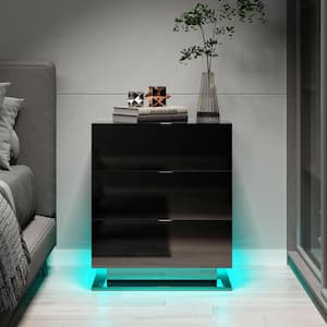 Modern Black Nightstand with 3 Storage Drawers and Led Lights