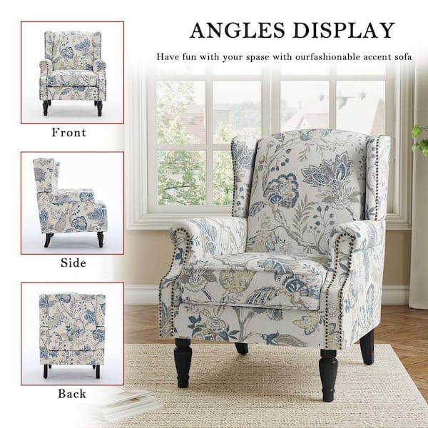 Uixe Retro Plants Blue Linen Nailhead Trim Upholstered High Back