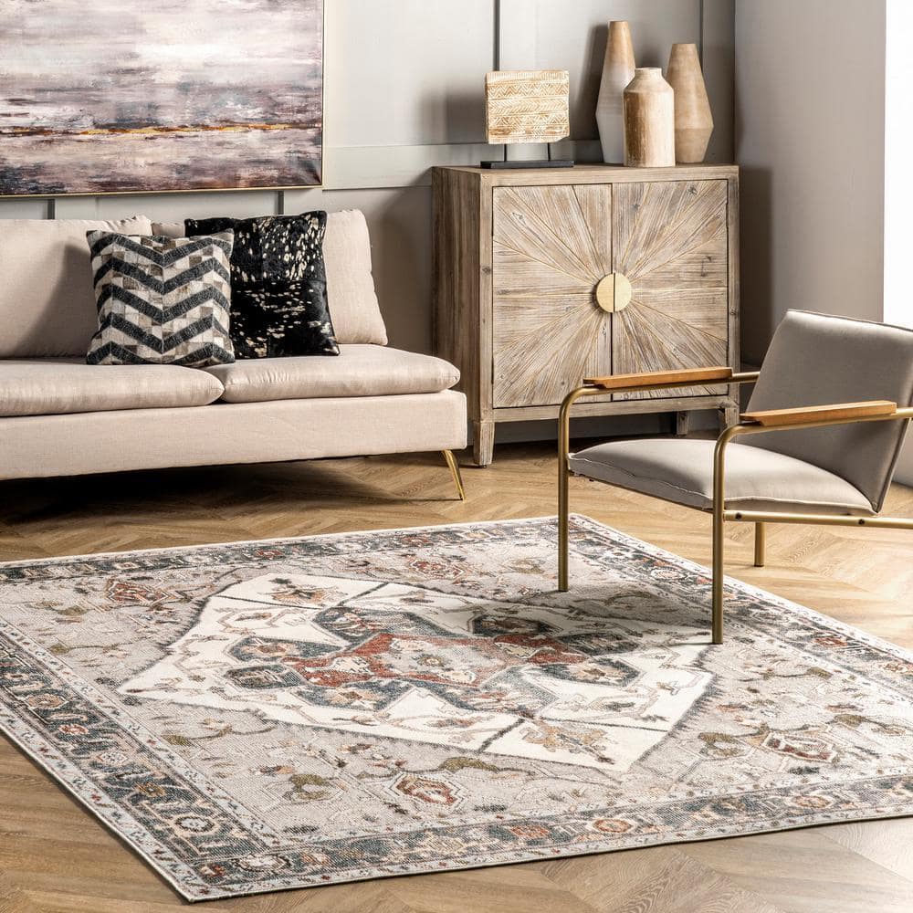 Ivory 8' x 10' Synthetic Medallion Washable Area Rug