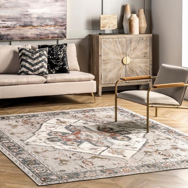 Mali Ivory 6 ft. x 9 ft. Machine Washable Traditional Medallion Indoor Area Rug