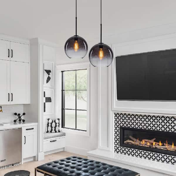 Luckyday 1-Light 11 in.W Black Modern Globe Pendant Light Kitchen Island Hanging Light with Gradient Gray Tinted Glass