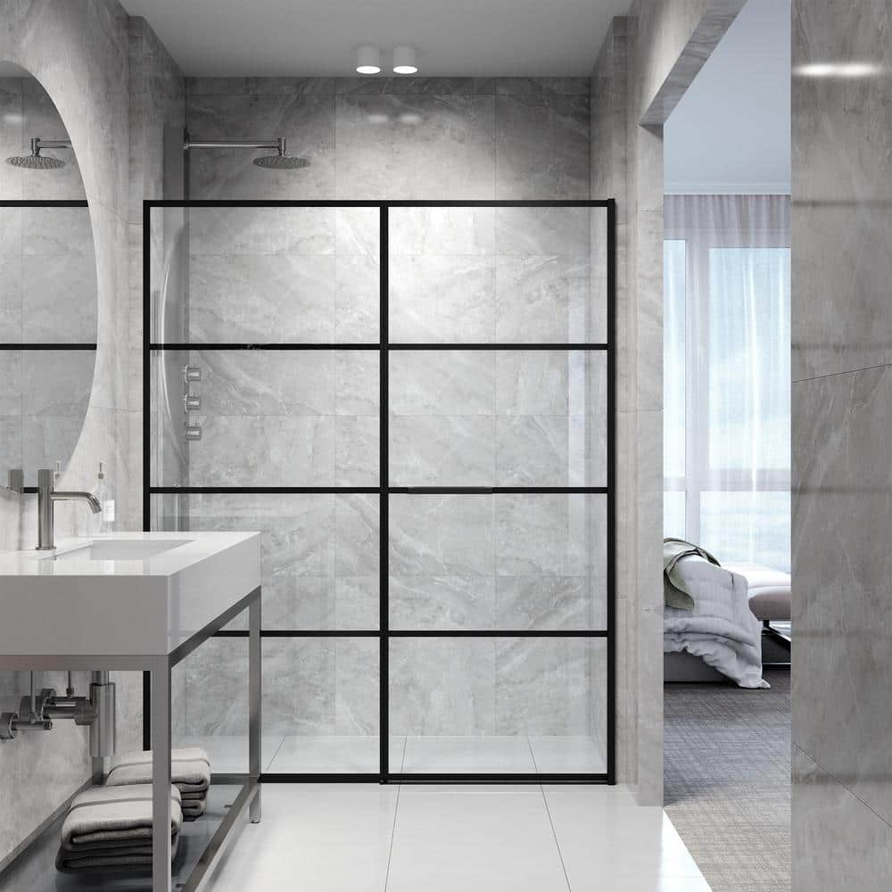 Meridian 60" Matte Black and Clear Grid Glass Shower Door
