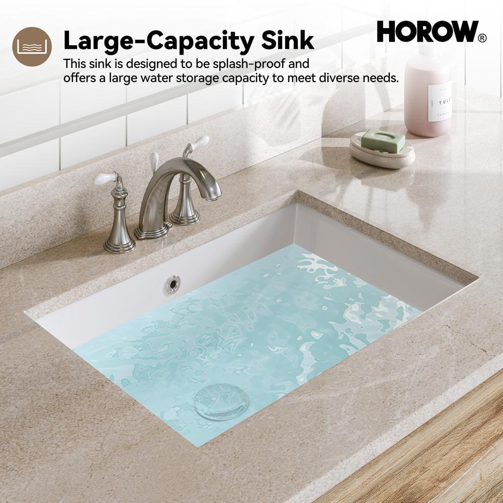 White Rectangular Ceramic Undermount Bathroom Sink with Overflow Hole