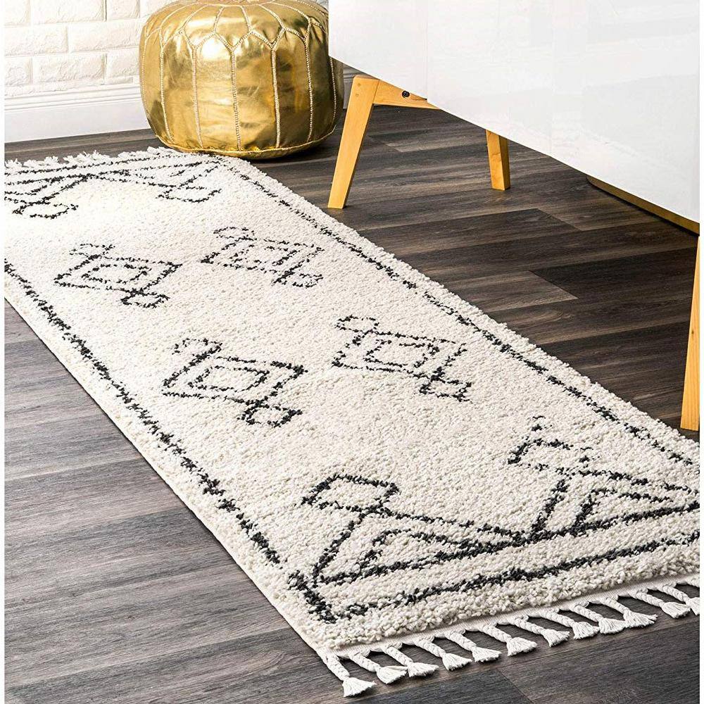 Off-White Moroccan Diamond Shag Runner Rug with Tassels