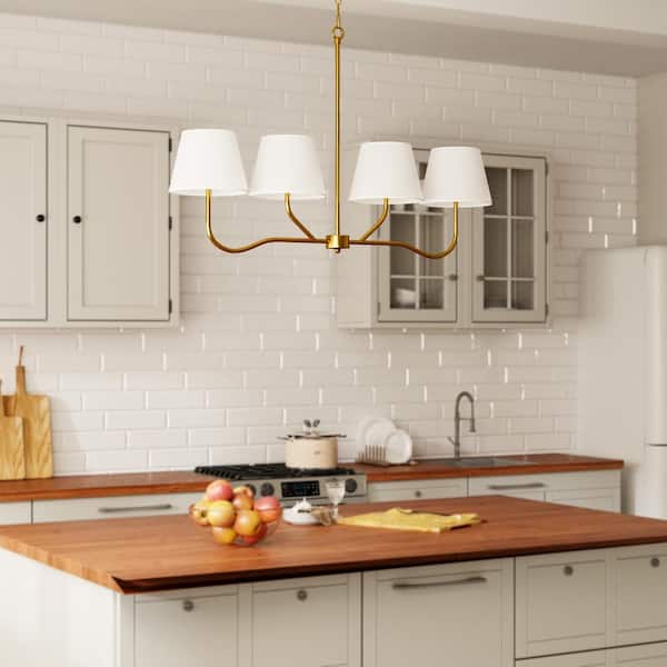 Well Style 4-Light 37 In. Brass Traditional Candle Dimmable Chandeliers With White Linen Lampshade Living Foyer Lighting