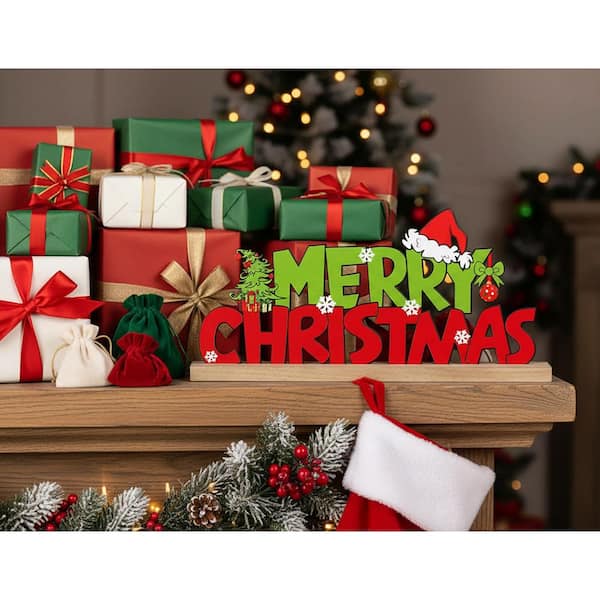 Red Merry Christmas Freestanding Metal Sign with Wooden Base for Tiered Tray Tabletop Mantel and Fireplace