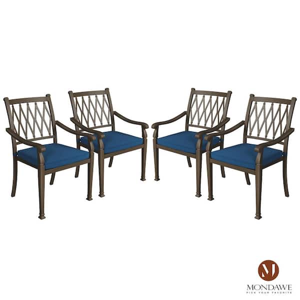 Brown Cast Aluminum Metal Outdoor Patio Stackable Rural Style Dining Chair with Blue Cushion for Yard Gazebo (4-Pack)