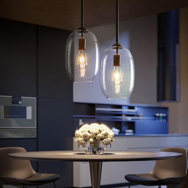 60-Watt 1-Light Gold Oval Pendant Light with Clear Seed Glass, No Bulbs Included