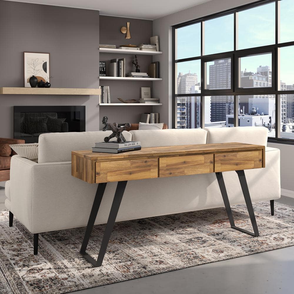 Golden Wheat Rustic Console Table with Metal Legs and Storage