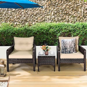 Brown 3-Pieces Wicker Patio Conversation Set with Beige Cushions