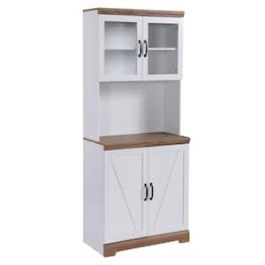 White and Brown MDF 28.25 in. Farmhouse Kitchen Buffet with Hutch, Doors, Adjustable Shelves, Microwave Countertop