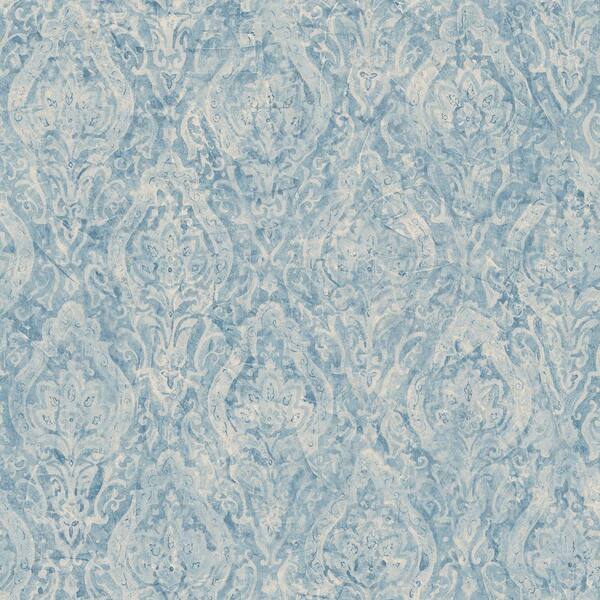 The Wallpaper Company 56 sq. ft. Blue Damask Wallpaper-DISCONTINUED