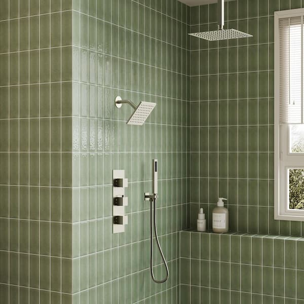6 in. and 5-Spray 12 in. Thermostatic Wall Bar Shower Systems with Handheld 2.5 GPM in Brushed Nickel(Valve Included)
