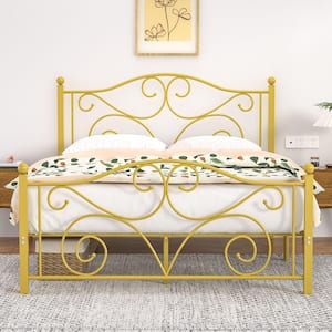Bed Frame Queen Size Bed Mattress Foundation Support with Headboard and Footboard Metal Platform Bed, Gold