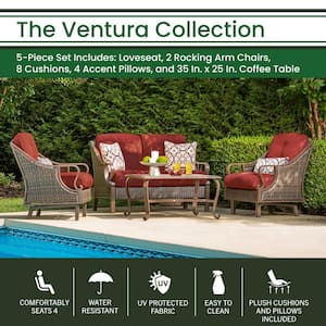 Ventura 4-Piece All-Weather Wicker Patio Seating Set with Crimson Red Cushions, 4-Pillows, Coffee Table