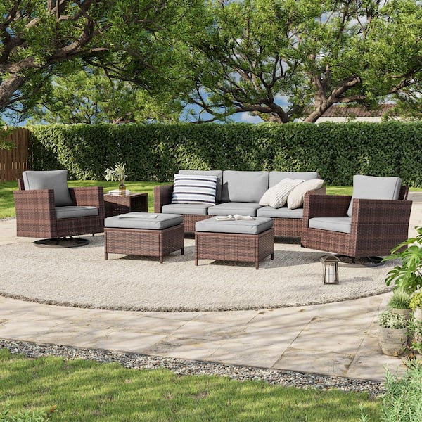 JOYESERY 6-Piece Brown Wicker Outdoor Seating Sofa Set with Swivel Rocking Chairs, Gray Cushion
