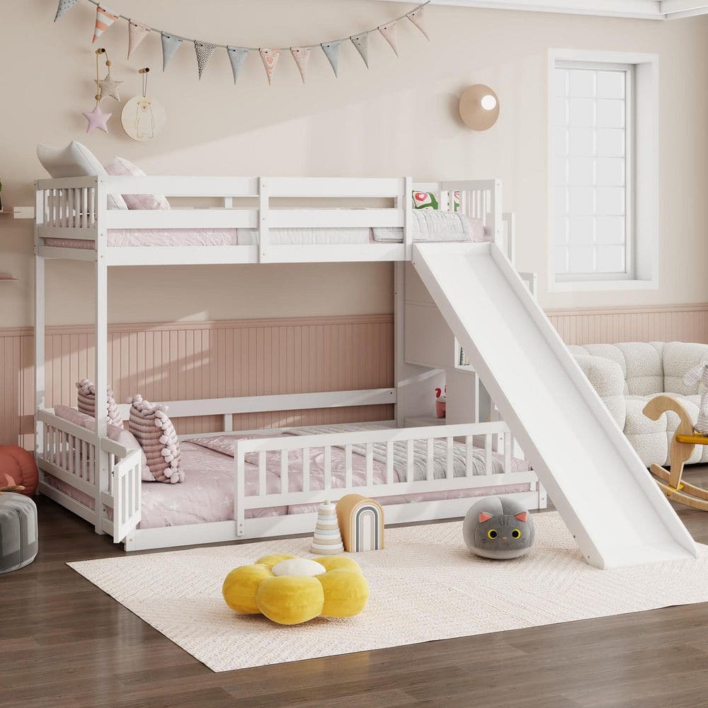 White Twin over Full Bunk Bed with Slide, Storage Staircase, Safety Guardrails price history on PriceWatchPro