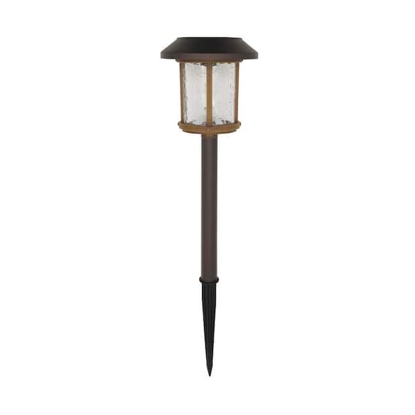 Hampton Bay Lockhart Solar Bronze and Warm Wood LED Path Light 14 Lumens with Ice Glass Lens and Vintage Bulb 2-Tone (4-Pack)