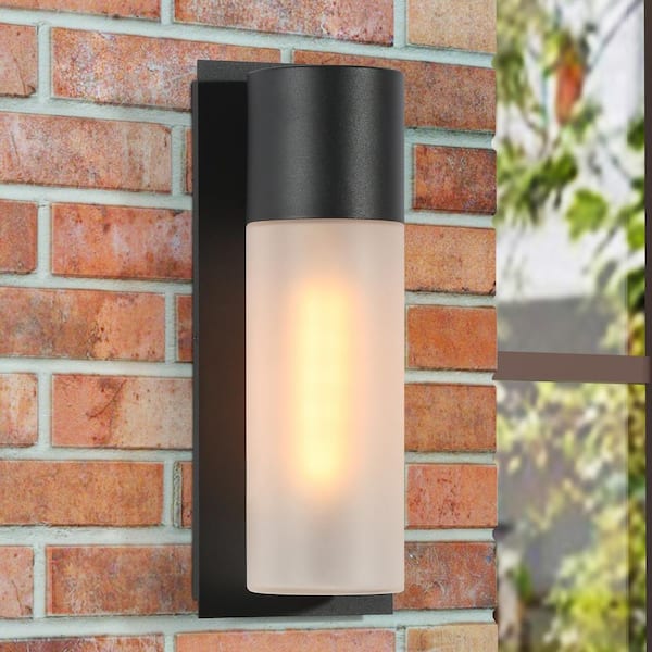 Uolfin 13 in. 1-Light Black Outdoor Wall Lantern Sconce, Mid-Century Modern Outdoor Wall Light with Frosted Glass Shade
