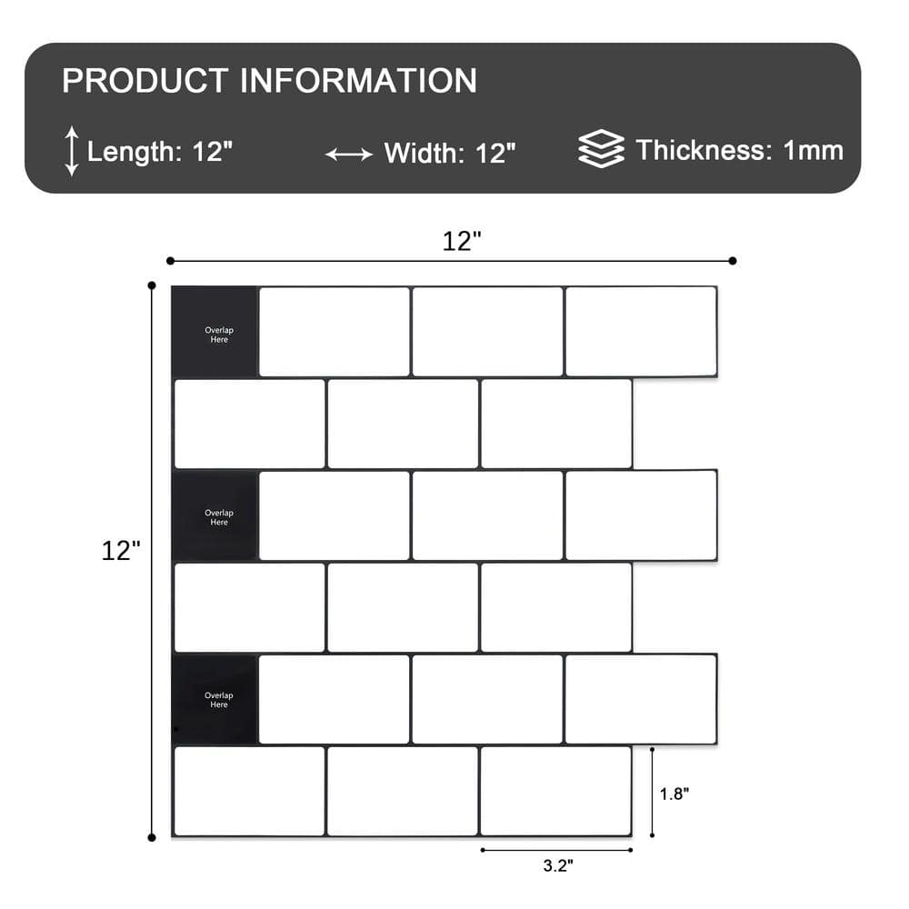 12" x 12" White Vinyl Peel and Stick Subway Tile