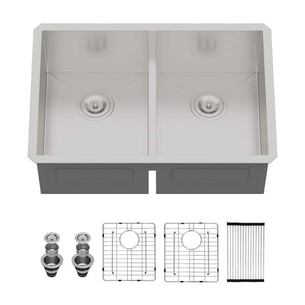 30 in. Undermount Low Divide Sink Double Bowl 50/50 16-Gauge Brushed Stainless Steel Kitchen Sink