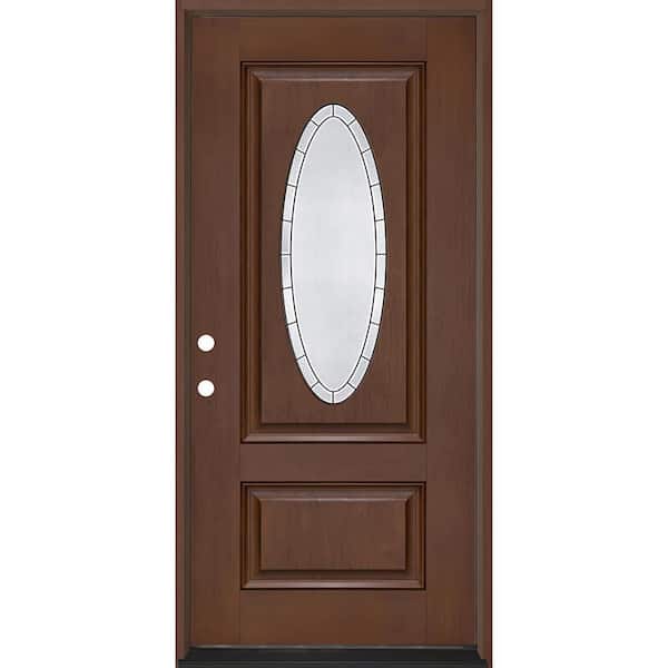 Steves & Sons Regency 36 in. x 80 in. 3/4L Oval Empire Decorative Glass RHIS Chestnut Fiberglass Prehung Front Door with 4-9/16 Jamb