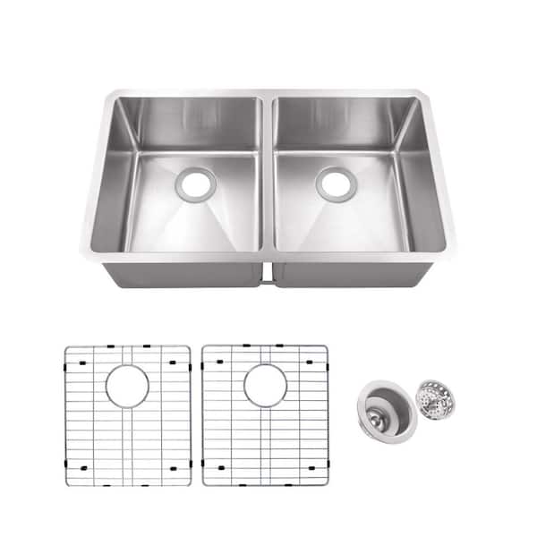 32 in. Handmade Undermount Double Bow 50/50l 16-Gauge Small Radius Stainless Steel Kitchen Sink with Accessories