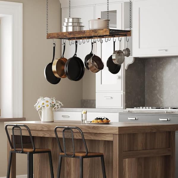 Hanging Pot Rack with 18 S-Shaped Hooks for Kitchen, Ceiling Mounted Pot Rack for Cookware Storage, Brown and Black