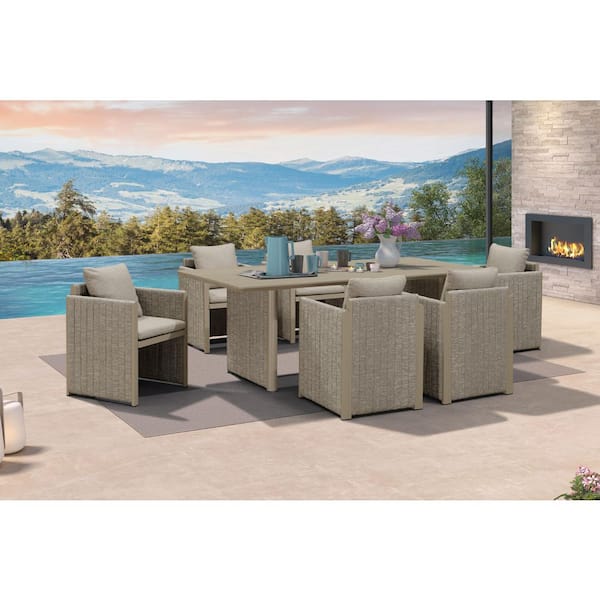 7-Piece Aluminum Outdoor Dining Set All-Weather Modern Rectangular Dining Table & Chairs with Olefin Cushions, Beige
