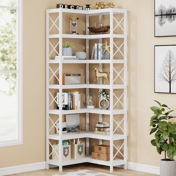 BYBLIGHT Eulas 78 in. Tall White Engineered Wood 7-Shelf Corner Bookcase, Large Modern Corner Bookshelf Storage Display Rack