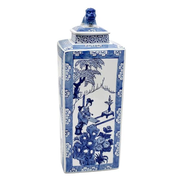 Oriental Furniture 20 in. Blue and White Square Fu Dog Jar