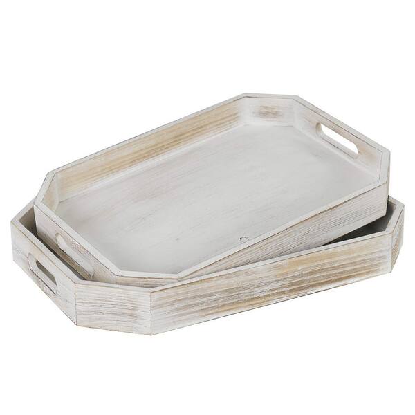 MyGift Set of 2 Natural Wood Square Serving Trays with Decorative Vintage Metal Accents 