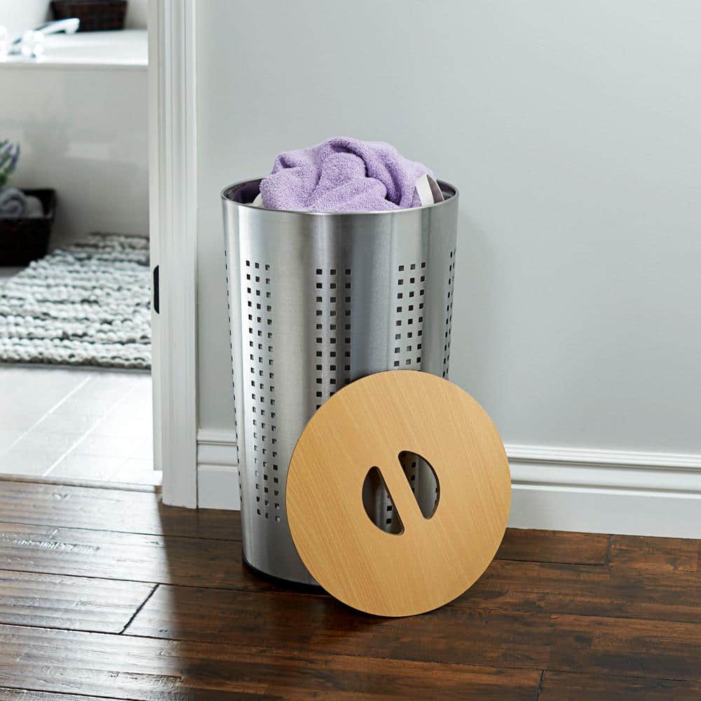 Round Silver Stainless Steel Laundry Hamper with Wooden Lid