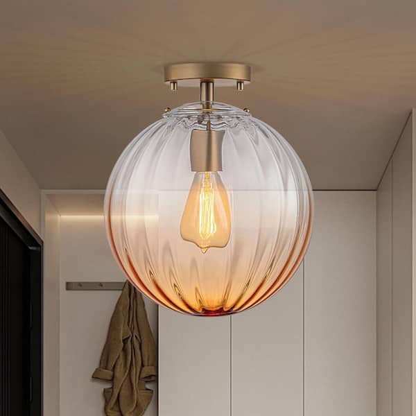 Court 1-Light 11 in. Matte Brass Semi-Flush Mount Globe Ceiling Light with Gradient Amber Glass for Hallways or Foyers