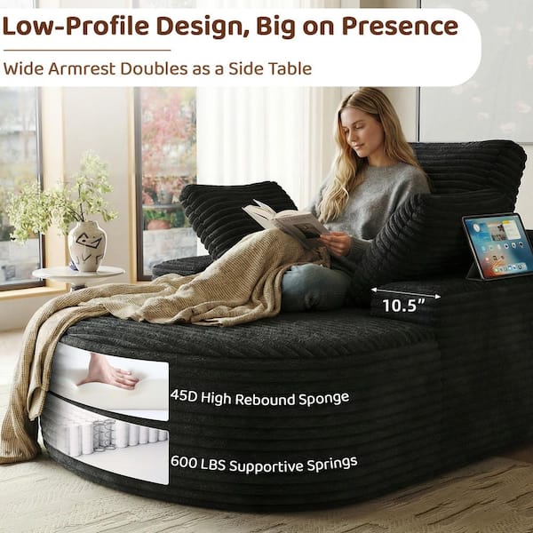 Boneless Couch, 49 in. Extra-Wide Square Arm Corduroy Rectangle Sectional Sofa Deep Seat with Removable Pillow in Black