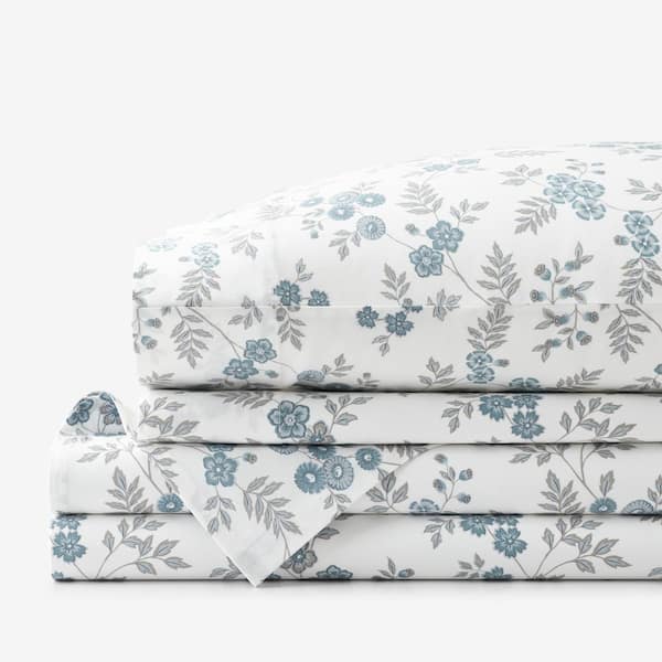 The Company Store Legends Hotel Blue/Ivory Kate Floral Sateen Queen Sheet Set