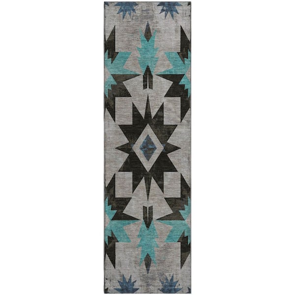 Mayfield Premium Machine Washable Abstract AMF1893 Black 2 ft. 3 in. x 7 ft. 6 in. Runner Rug