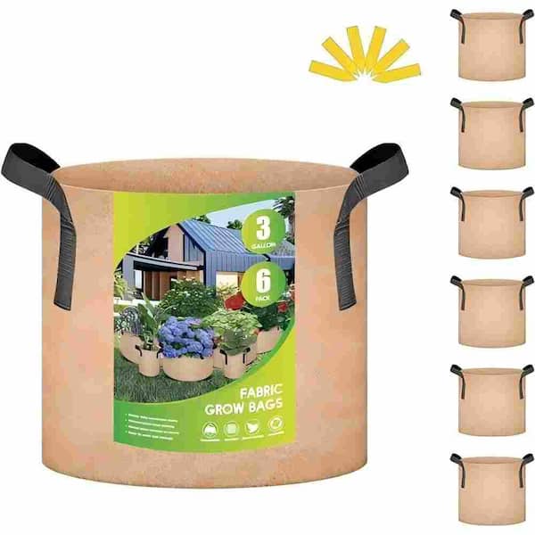 6-Pack 3 Gal. 300g Thick Nonwoven Aeration Fabric Plant Grow Bag with Nylon Handles in Tan